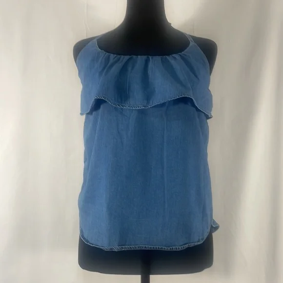 Chambray, denim, halter tie top, Blue, Small - Picture 2 of 10